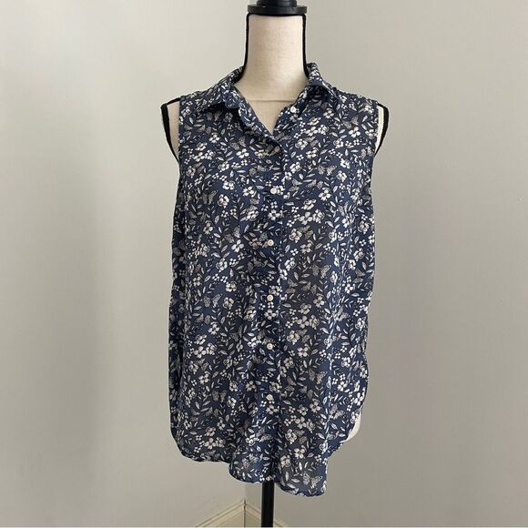 H&M Floral Sleeveless Button Down Shirt sz 2 Slate Blue Relaxed Oversized Blouse - Picture 1 of 11